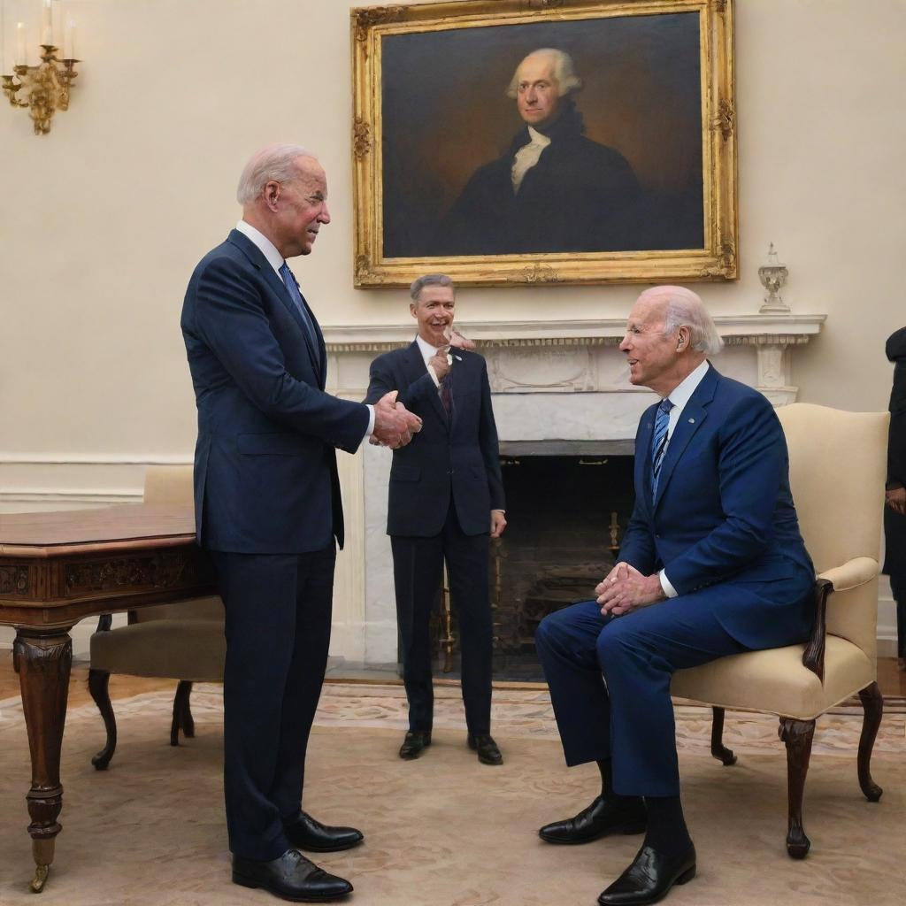 Generate a surreal image of Joe Biden meeting George Washington, maintaining historical accuracy for Washington and contemporary realism for Biden.