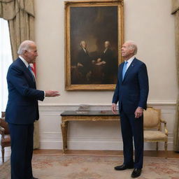 Generate a surreal image of Joe Biden meeting George Washington, maintaining historical accuracy for Washington and contemporary realism for Biden.