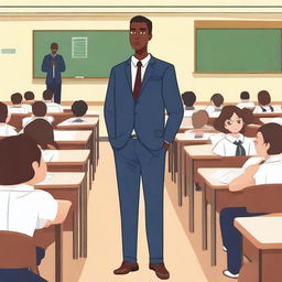 A young English teacher with bronze skin is standing in front of a classroom