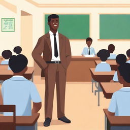 A young English teacher with bronze skin is standing in front of a classroom