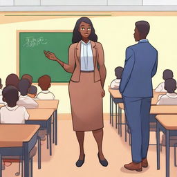 A young English teacher with bronze skin is standing in front of a classroom