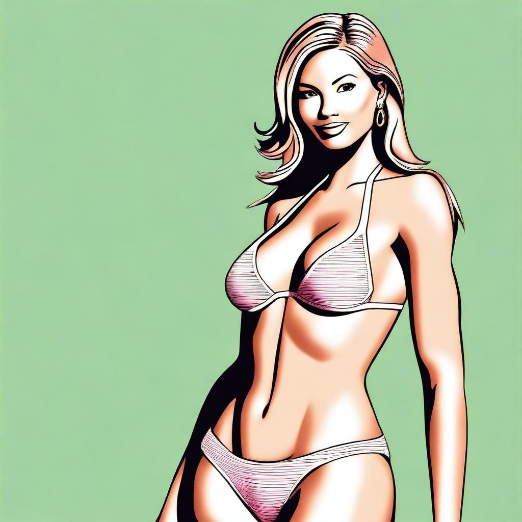 A stylized depiction of an attractive woman wearing a micro bikini