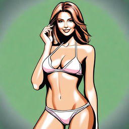 A stylized depiction of an attractive woman wearing a micro bikini