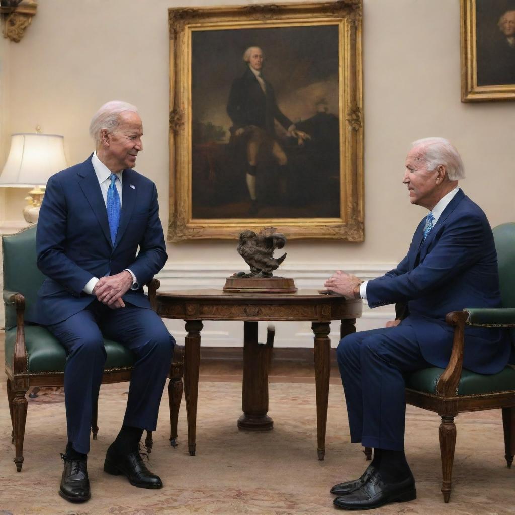 Generate a surreal image of Joe Biden meeting George Washington, maintaining historical accuracy for Washington and contemporary realism for Biden.