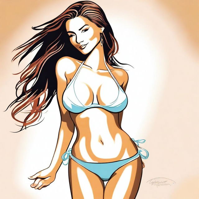 A stylized depiction of an attractive woman wearing a micro bikini