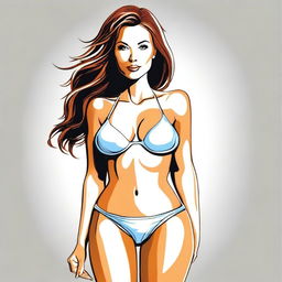 A stylized depiction of an attractive woman wearing a micro bikini