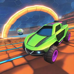 A Rocket League car with its wheels facing upwards, balancing a ball on top of the wheels, all set within the vibrant and dynamic Rocket League game arena