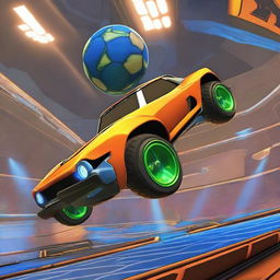 A Rocket League car with its wheels facing upwards, balancing a ball on top of the wheels, all set within the vibrant and dynamic Rocket League game arena