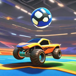 A Rocket League car with its wheels facing upwards, balancing a ball on top of the wheels, all set within the vibrant and dynamic Rocket League game arena