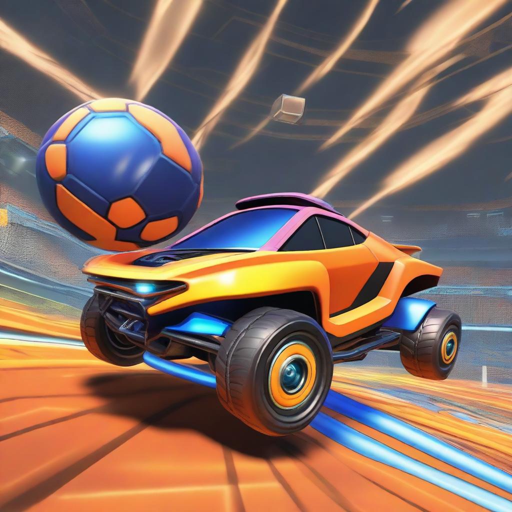 A Rocket League car with its wheels facing upwards, balancing a ball on top of the wheels, all set within the vibrant and dynamic Rocket League game arena