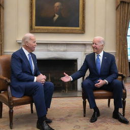 Generate a surreal image of Joe Biden meeting George Washington, maintaining historical accuracy for Washington and contemporary realism for Biden.