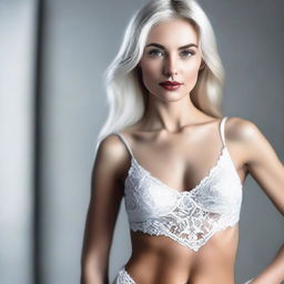 A sensual and confident white beauty dressed in an erotic outfit, standing against a blurry background