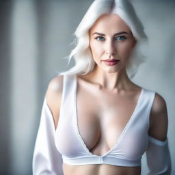 A sensual and confident white beauty dressed in an erotic outfit, standing against a blurry background