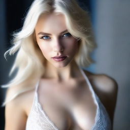 A sensual and young white blonde beauty dressed in an erotic outfit, standing against a blurry background