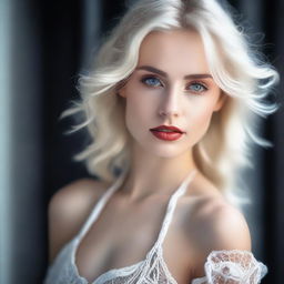 A sensual and young white blonde beauty dressed in an erotic outfit, standing against a blurry background