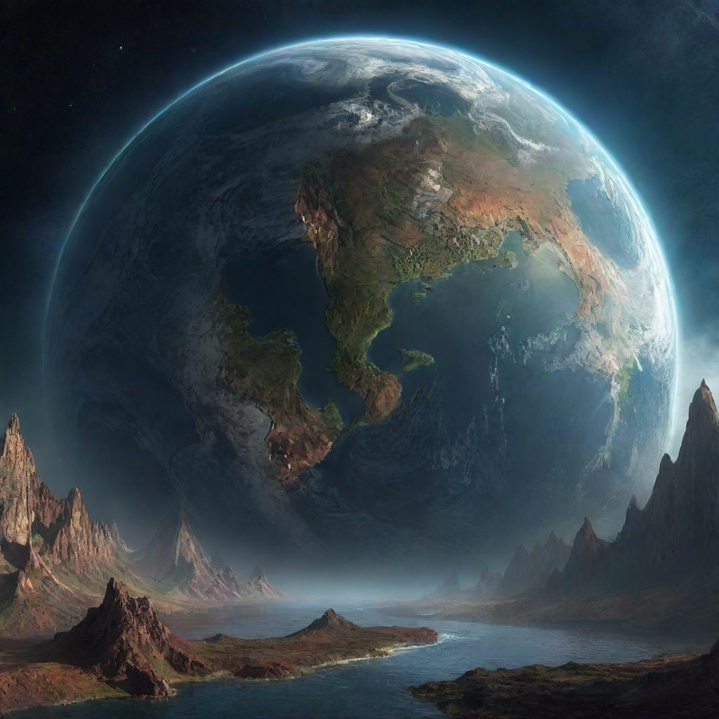 Generate a captivating image of an alternate Earth, imbued with a combination of familiar and unique, otherworldly features.