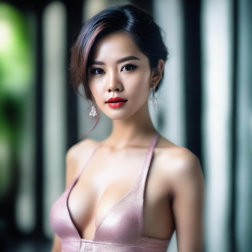 A sensual and young Vietnamese beauty dressed in an erotic outfit, standing against a blurry background