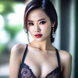 A sensual and young Vietnamese beauty dressed in an erotic outfit, standing against a blurry background