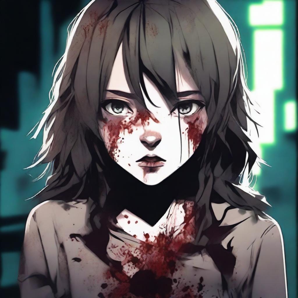 A girl covered in blood with dirty clothes, looking distressed