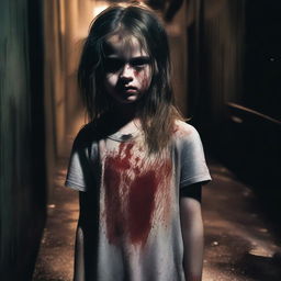 A girl covered in blood with dirty clothes, looking distressed