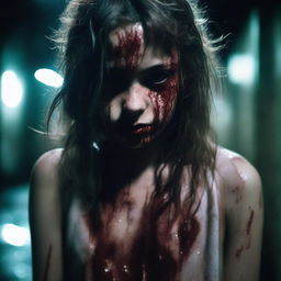 A girl covered in blood with dirty clothes, looking distressed