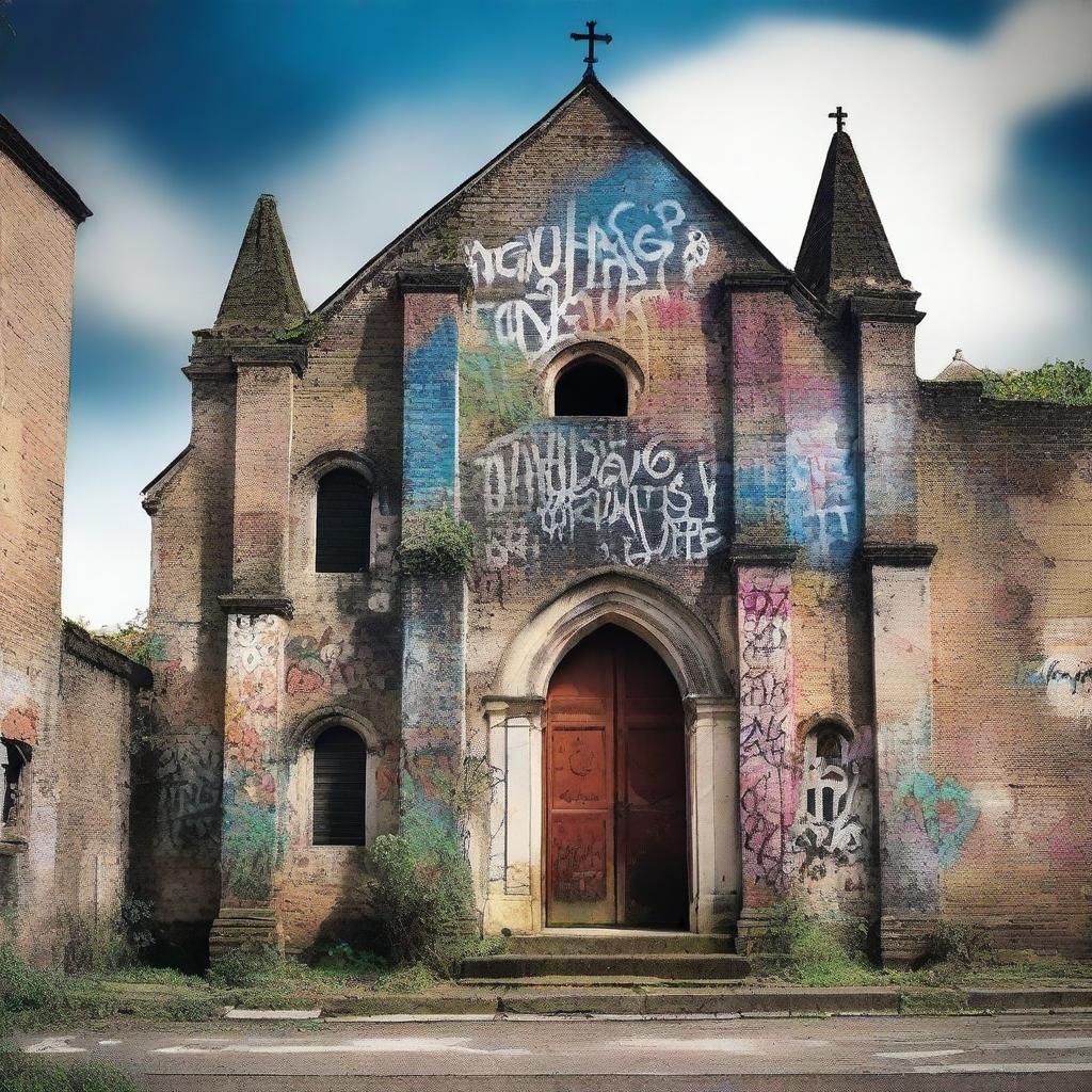 A captivating fiction novel book cover featuring an old church with graffiti on its walls