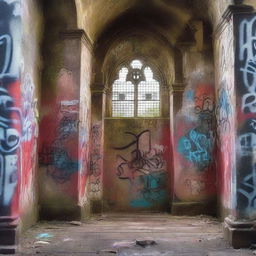 A captivating fiction novel book cover featuring an old church with graffiti on its walls