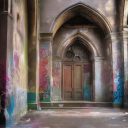 A captivating fiction novel book cover featuring an old church with graffiti on its walls