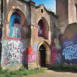 A captivating fiction novel book cover featuring an old church with graffiti on its walls