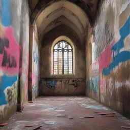 A captivating fiction novel book cover featuring an old church with graffiti on its walls