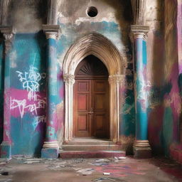 A captivating fiction novel book cover featuring an old church with graffiti on its walls