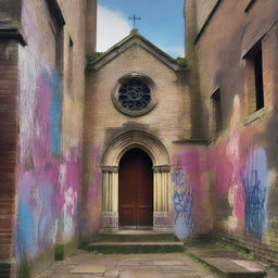 A captivating fiction novel book cover featuring an old church with graffiti on its walls