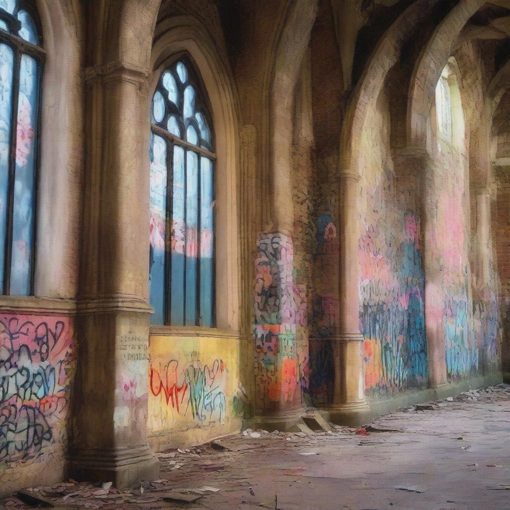 A captivating fiction novel book cover featuring an old church with graffiti on its walls