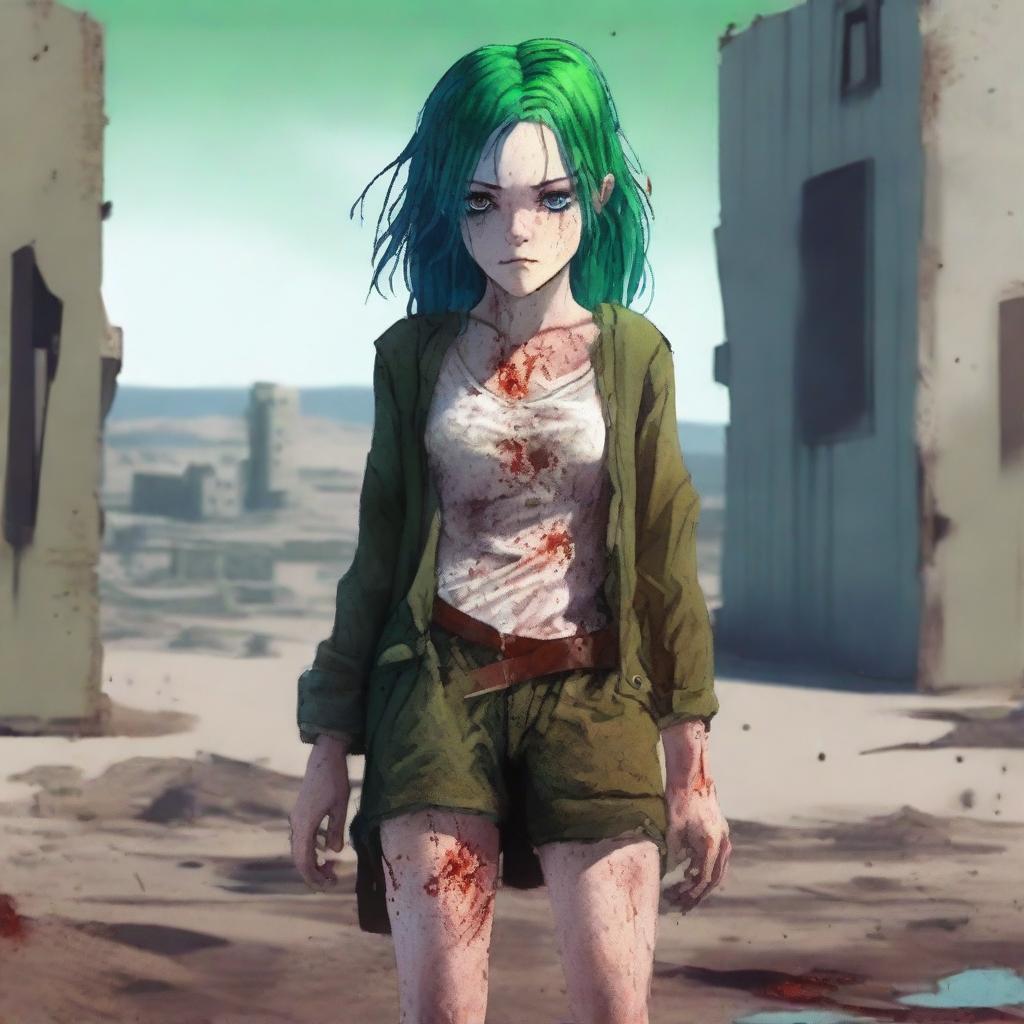 A girl with blue eyes and green hair, looking dirty and barefoot, with bloodstains on her clothes