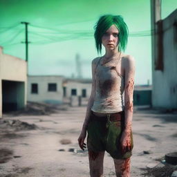 A girl with blue eyes and green hair, looking dirty and barefoot, with bloodstains on her clothes