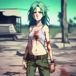 A girl with blue eyes and green hair, looking dirty and barefoot, with bloodstains on her clothes