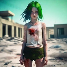 A girl with blue eyes and green hair, looking dirty and barefoot, with bloodstains on her clothes