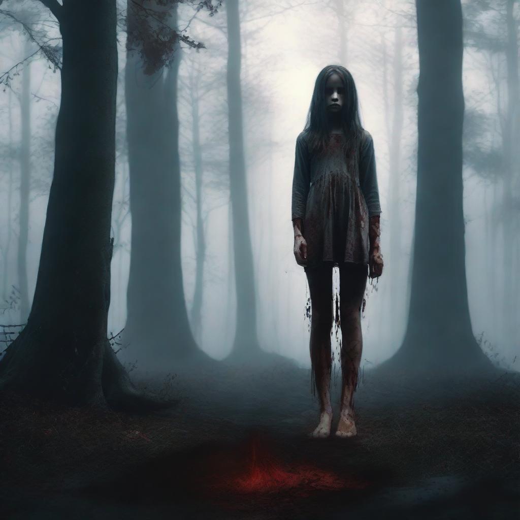 A barefoot girl standing in a forest with blood around her