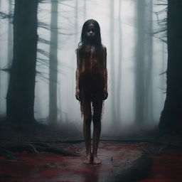 A barefoot girl standing in a forest with blood around her