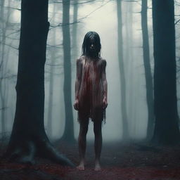 A barefoot girl standing in a forest with blood around her