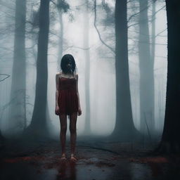 A barefoot girl standing in a forest with blood around her