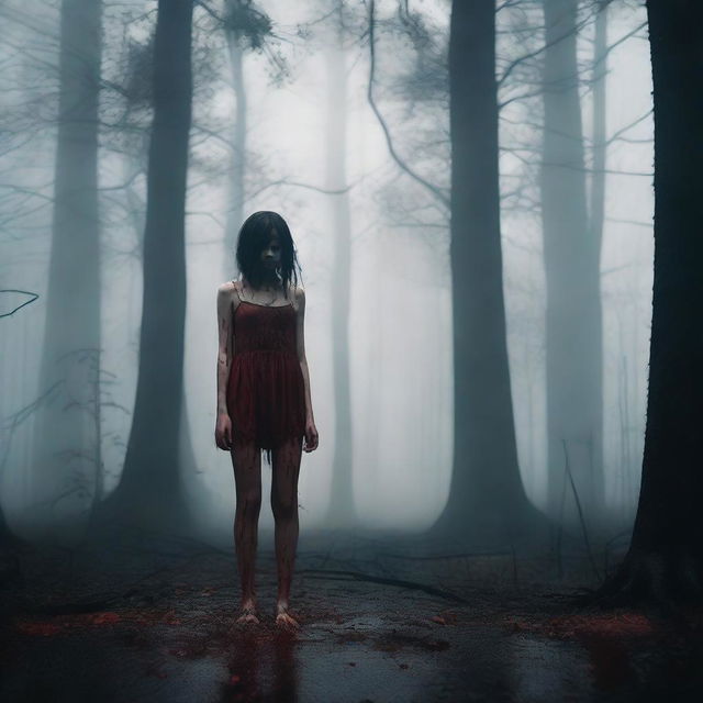 A barefoot girl standing in a forest with blood around her