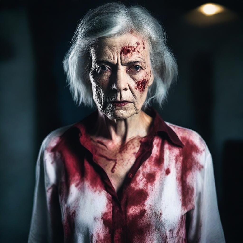 A beautiful older woman with blood-stained clothes, standing in a dramatic and intense scene