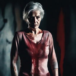 A beautiful older woman with blood-stained clothes, standing in a dramatic and intense scene