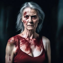 A beautiful older woman with blood-stained clothes, standing in a dramatic and intense scene