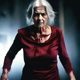 A beautiful older woman with blood-stained clothes, standing in a dramatic and intense scene