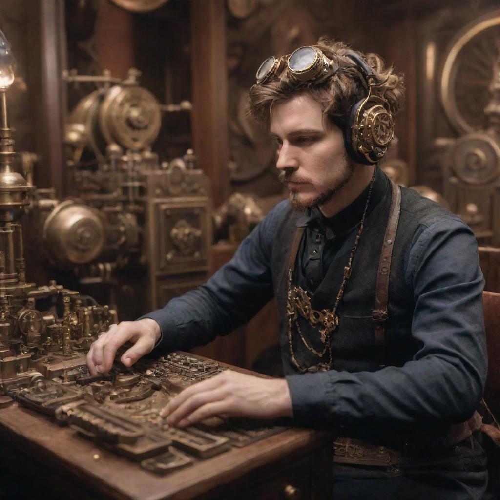 An e-sports player immersed in a steampunk setting, equipped with brass-coated gaming equipment, Victorian era headset, and surrounded by intricate gears, valves and steam-powered machinery.