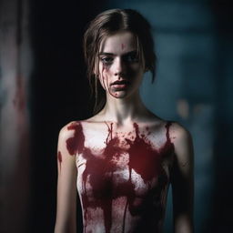 A beautiful 21-year-old woman with blood-stained clothes, standing in a dramatic and intense scene