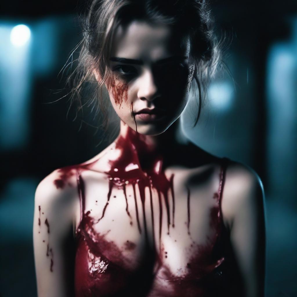 A beautiful 21-year-old woman with blood-stained clothes, standing in a dramatic and intense scene