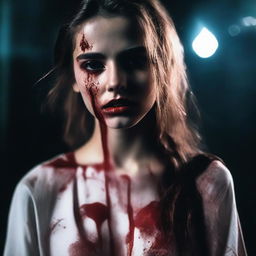 A beautiful 21-year-old woman with blood-stained clothes, standing in a dramatic and intense scene